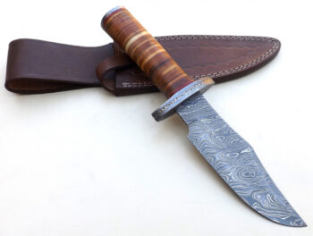 Custom-Handmade-Damascus-Steel-Bowie-Hunting-Knife-With-Leather-Sheath