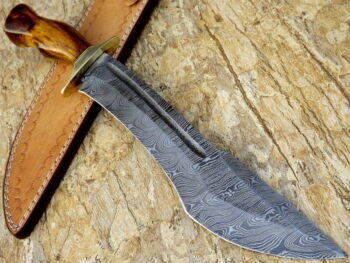 Custom-Handmade-Damascus-Steel-Hunting-Bowie-Knife-With-Leather-Sheath