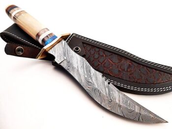 Beautiful-Custom-Handmade-Damascus-Steel-Hunting-Bowie-Knife-Colored-Camel-Bone-Handle-With-Leather-Sheath