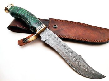 Beautiful-Custom-Handmade-Damascus-Steel-Hunting-Bowie-Knife-Green-Colored-Wood-Handle-With-Leather-Sheath