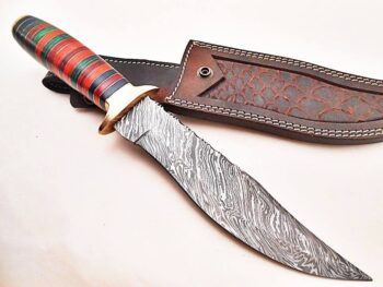Beautiful-Custom-Handmade-Damascus-Steel-Hunting-Bowie-Knife-Multi-Colored-Wood-Handle-With-Leather-Sheath