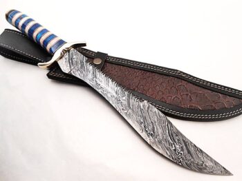 Custom-Handmade-Beautiful-Damascus-Steel-Bowie-Hunting-Knife-Natural-Colored-Camel-Bone-Handle-With-Leather-Sheath