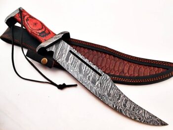 Beautiful-Custom-Handmade-Damascus-Steel-Hunting-Bowie-Knife-Red-Colored-Handle