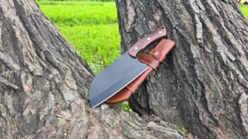 Custom handmade carbon steel chef cleaver knife with rose wood handle and leather sheath