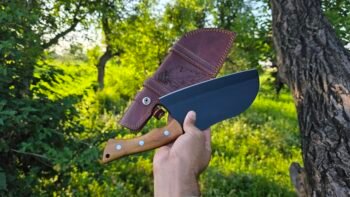 Custom handmade carbon steel chef cleaver knife with olive wood handle and leather sheath