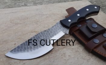 Custom handmade D2 steel hunting tracker knife with black Micarta handle and leather sheath