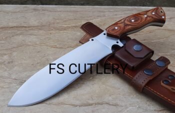Custom handmade D2 steel hunting tracker knife with brown Pakka wood handle and leather sheath