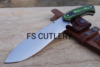 Custom handmade D2 steel hunting tracker knife with green Micarta handle and leather sheath