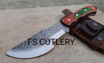 Custom handmade D2 steel hunting tracker knife with multi-wood handle and leather sheath