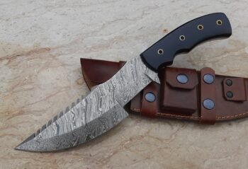 Custom handmade Damascus steel hunting tracker knife with black Micarta handle and leather sheath