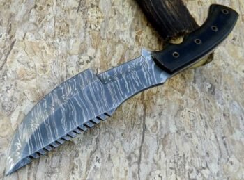 Custom-Handmade-Damascus-Steel-Hunting-Tracker-Knife-Black-Micarta-Handle-With-Leather-Sheath