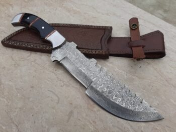 Custom handmade Damascus steel hunting tracker knife with buffalo horn handle and leather sheath