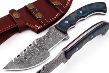 Custom handmade Damascus steel hunting tracker knife with Micarta handle and leather sheath
