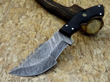 Custom handmade Damascus steel hunting tracker knife with Micarta handle and leather sheath