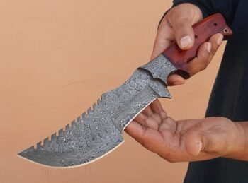 Custom handmade Damascus steel hunting tracker knife with red wood handle and leather sheath