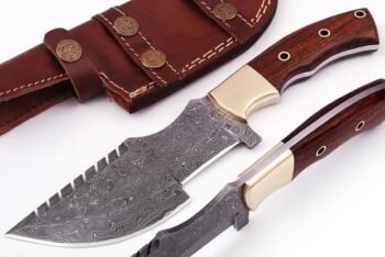 Custom handmade Damascus steel hunting tracker knife with rose wood handle and leather sheath