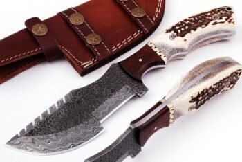 Custom handmade Damascus steel hunting tracker knife with stag horn handle and leather sheath