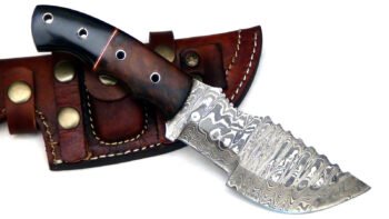 10-inch handmade Damascus steel hunting tracker knife with walnut wood and bull horn handle and leather sheath