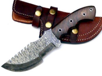 10-inch handmade Damascus steel hunting tracker knife with walnut wood handle and leather sheath